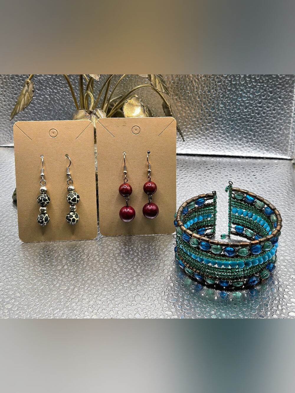 "5/$40" Boho Jewelry Set Leopard/Red Bead Earrings, Cuff Turquoise Bracelet
